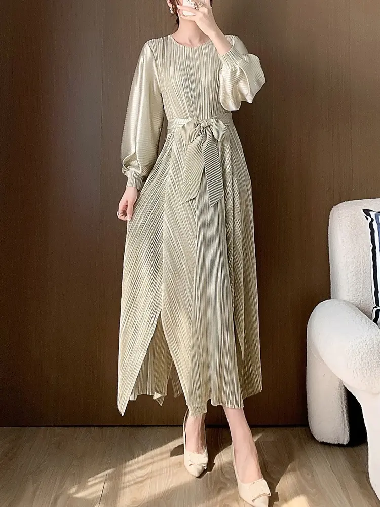 LANMREM 2024 Spring Fashion Pleated Irregular Dress Women Lantern Sleeves Belt Gathered Waist Dresses Elegant New 2AA4710