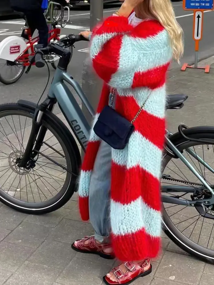LANMREM High Street Striped Knited Cardigan For Women Lantern Sleeves Contrast Color Long Sweater 2025 Spring Winter New 2Z2559