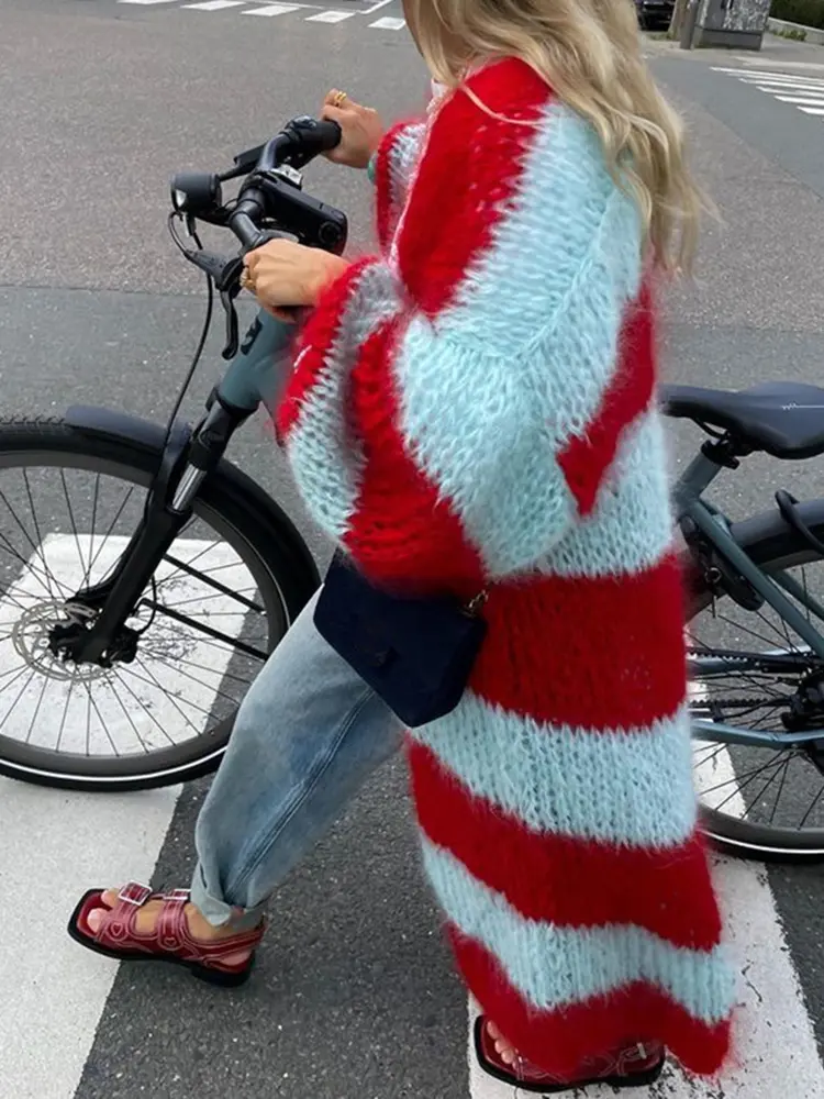 LANMREM High Street Striped Knited Cardigan For Women Lantern Sleeves Contrast Color Long Sweater 2025 Spring Winter New 2Z2559