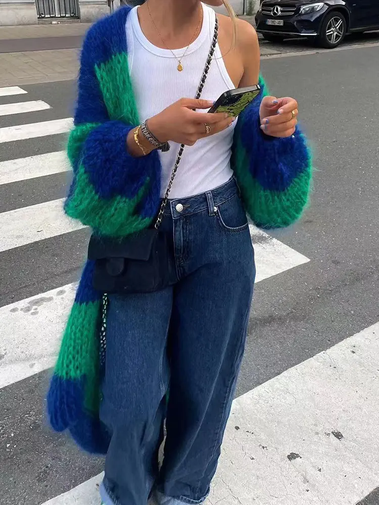 LANMREM High Street Striped Knited Cardigan For Women Lantern Sleeves Contrast Color Long Sweater 2025 Spring Winter New 2Z2559