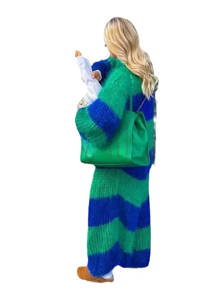 LANMREM High Street Striped Knited Cardigan For Women Lantern Sleeves Contrast Color Long Sweater 2025 Spring Winter New 2Z2559