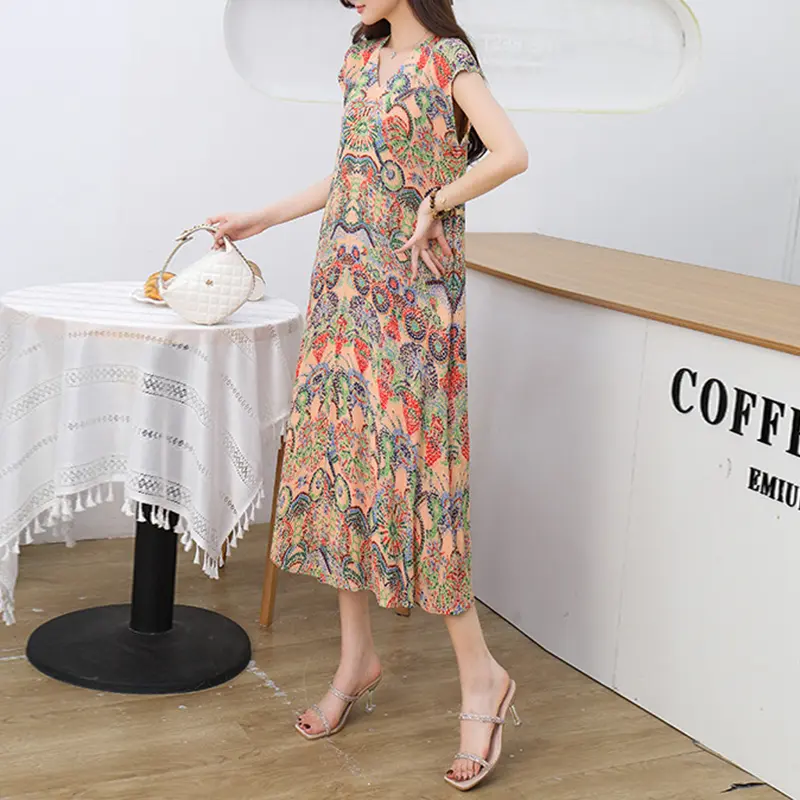 LANMREM Summer Printting Elastic Pleated Women's Drss 2025 Chic New Short Sleeve Casual V Collar Loose Famale Clothing 2DB4158