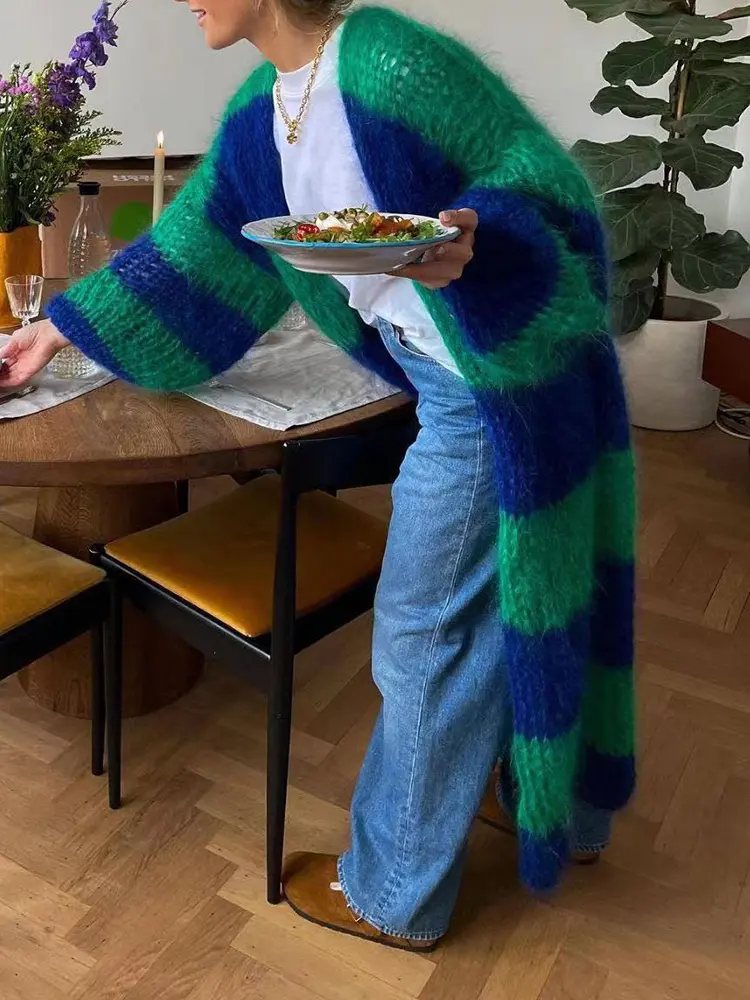 LANMREM High Street Striped Knited Cardigan For Women Lantern Sleeves Contrast Color Long Sweater 2025 Spring Winter New 2Z2559