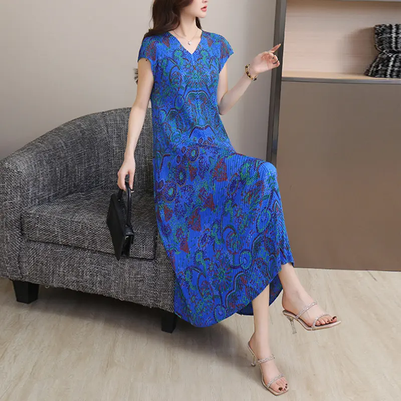 LANMREM Summer Printting Elastic Pleated Women's Drss 2025 Chic New Short Sleeve Casual V Collar Loose Famale Clothing 2DB4158