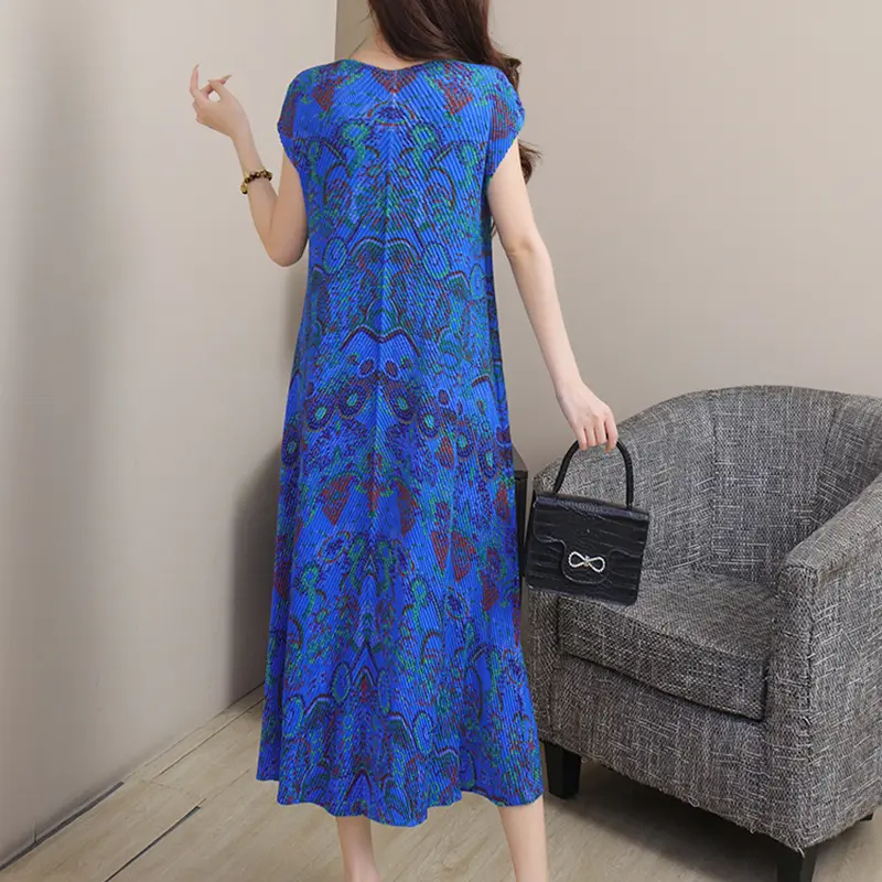 LANMREM Summer Printting Elastic Pleated Women's Drss 2025 Chic New Short Sleeve Casual V Collar Loose Famale Clothing 2DB4158