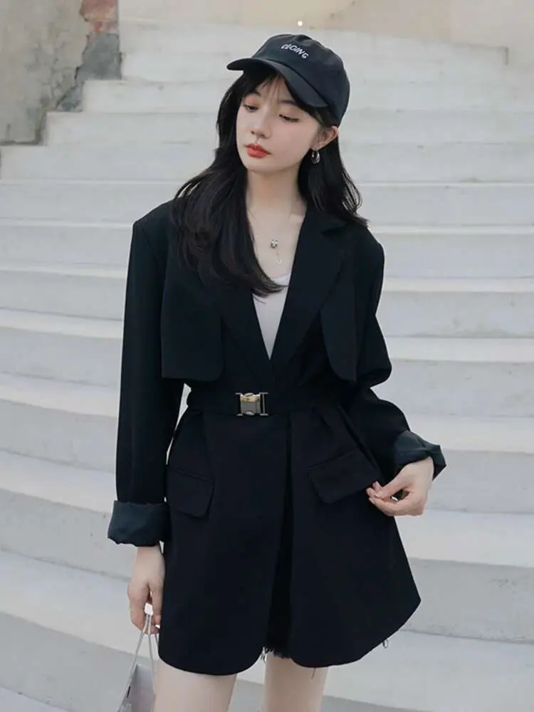 LANMREM Fashion Blazer For Women Notched Long Sleeves Solid Color Belt Gathered Waist Coats Elegant 2024 New Clothing 2Z1227