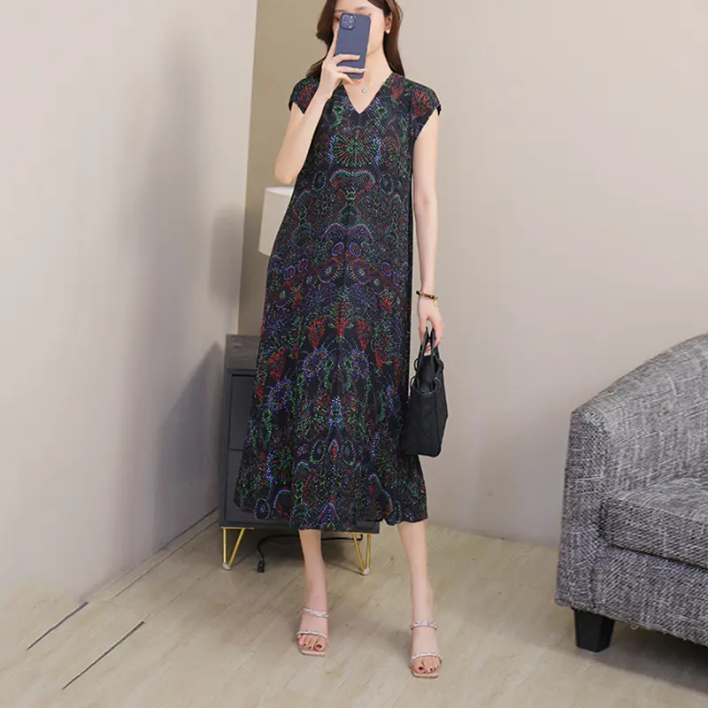 LANMREM Summer Printting Elastic Pleated Women's Drss 2025 Chic New Short Sleeve Casual V Collar Loose Famale Clothing 2DB4158