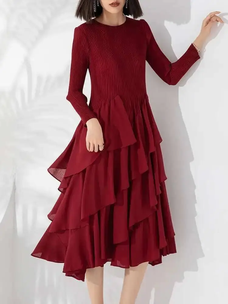 LANMREM Ruffles Pleated Dress Women's Round Neck Long Sleeves Layers Solid Color Stitching Party Clothing New Trendy 2DA2217