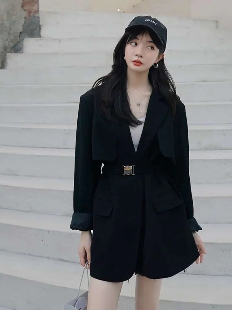 LANMREM Fashion Blazer For Women Notched Long Sleeves Solid Color Belt Gathered Waist Coats Elegant 2024 New Clothing 2Z1227