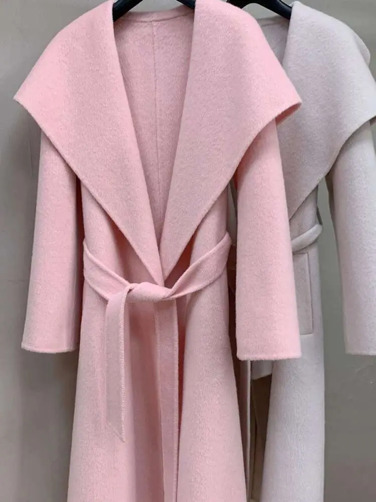 LANMREM Women Double Sided Cashmere Coat Made Of Alpaca Wool Lapel Belt Gathered Wasit Minimalism Coats Winter 2024 New 2Z2683