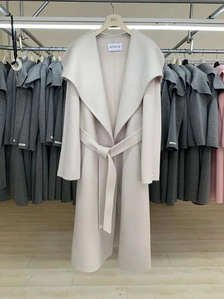 LANMREM Women Double Sided Cashmere Coat Made Of Alpaca Wool Lapel Belt Gathered Wasit Minimalism Coats Winter 2024 New 2Z2683