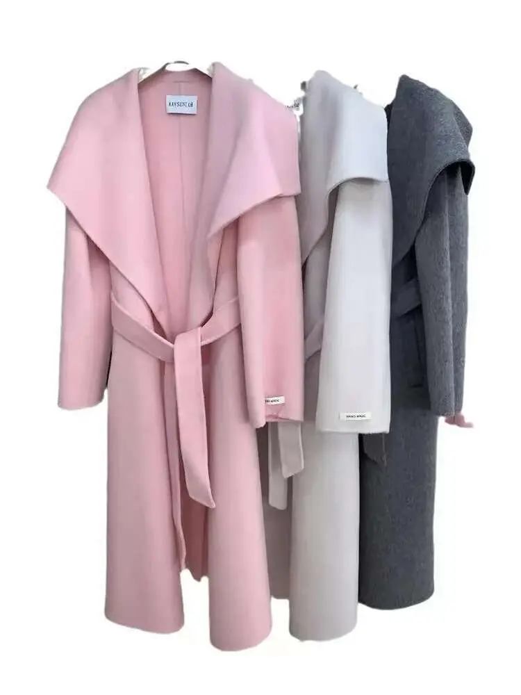 LANMREM Women Double Sided Cashmere Coat Made Of Alpaca Wool Lapel Belt Gathered Wasit Minimalism Coats Winter 2024 New 2Z2683