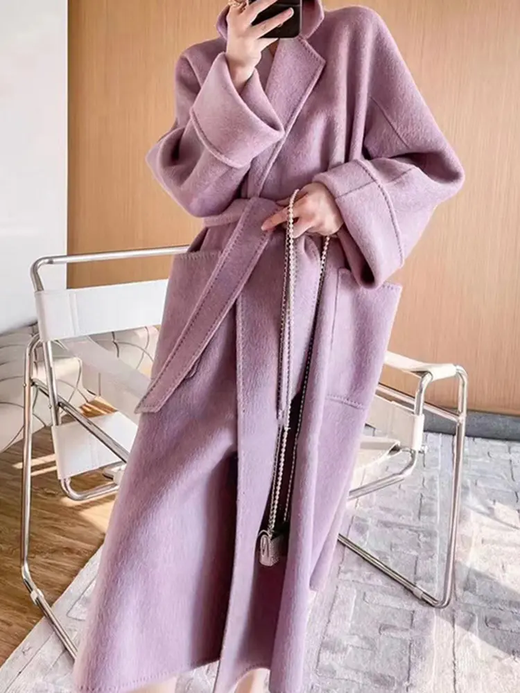 LANMREM Double-sided Wool Coat Lapel Long Solid Color Loose Luxury High End Belt Coats Female 2025 Spring Winter New 2R4718