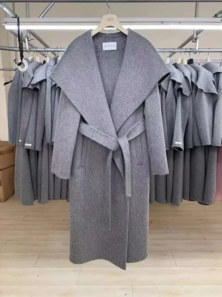 LANMREM Women Double Sided Cashmere Coat Made Of Alpaca Wool Lapel Belt Gathered Wasit Minimalism Coats Winter 2024 New 2Z2683