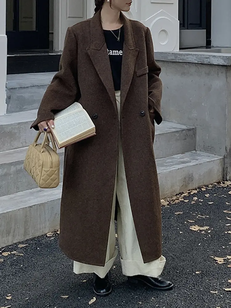 LANMREM Double Sided Woolen Coat For Women Lapel Solid Color Pockets Office Lady Coats 2024 Female Autumn New Clothing 2DA9116