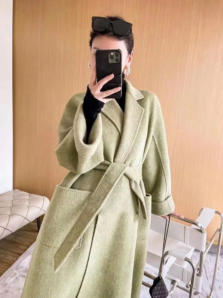 LANMREM Double-sided Wool Coat Lapel Long Solid Color Loose Luxury High End Belt Coats Female 2025 Spring Winter New 2R4718