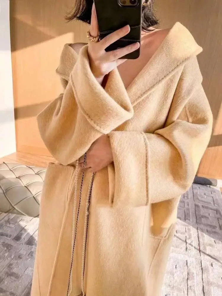 LANMREM Double-sided Wool Coat Lapel Long Solid Color Loose Luxury High End Belt Coats Female 2025 Spring Winter New 2R4718