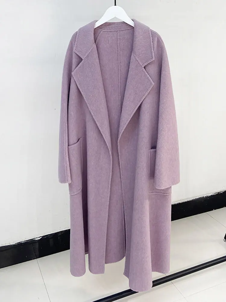 LANMREM Double-sided Wool Coat Lapel Long Solid Color Loose Luxury High End Belt Coats Female 2025 Spring Winter New 2R4718