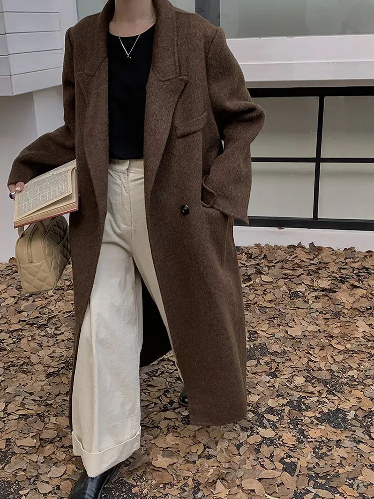 LANMREM Double Sided Woolen Coat For Women Lapel Solid Color Pockets Office Lady Coats 2024 Female Autumn New Clothing 2DA9116