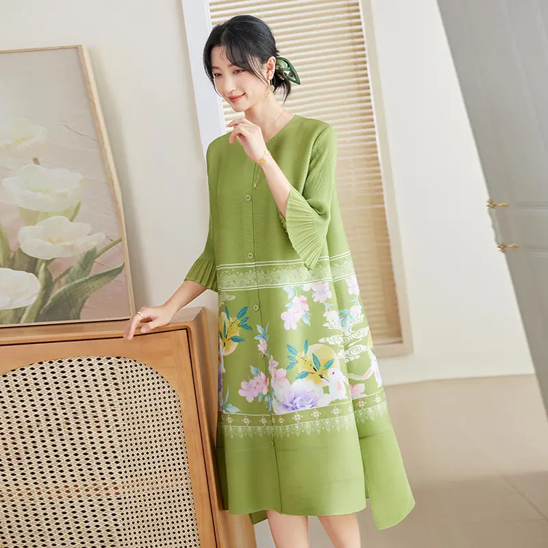 LANMREM Green Elegant Elastic Loose Pleated Women's Dress Chic Print Single Breasted Round Collar Flare Sleeve Dresses 2DB3724