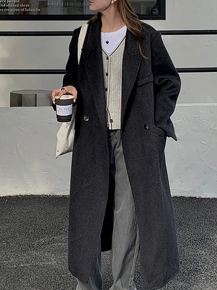 LANMREM Double Sided Woolen Coat For Women Lapel Solid Color Pockets Office Lady Coats 2024 Female Autumn New Clothing 2DA9116
