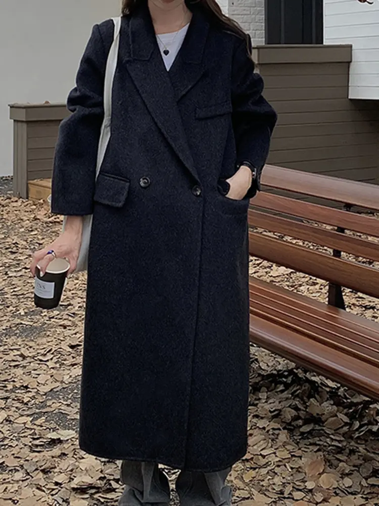 LANMREM Double Sided Woolen Coat For Women Lapel Solid Color Pockets Office Lady Coats 2024 Female Autumn New Clothing 2DA9116