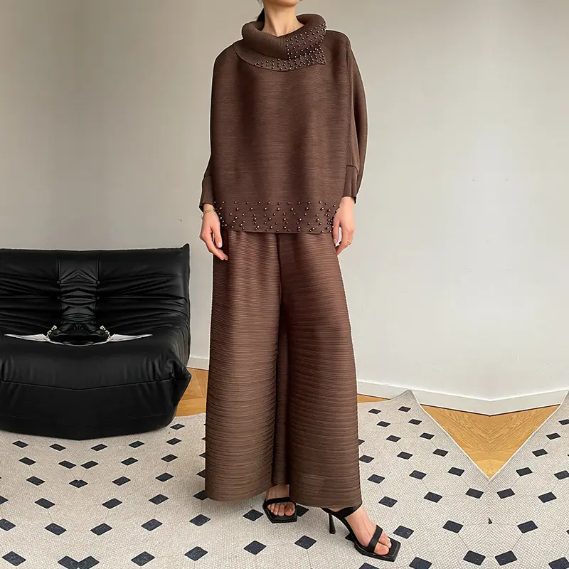 LANMREM 2 Pieces Sets For Women Beading Loose Shirts With Wide Leg Pants Female Elegant Clothing 2025 Spring  Autumn New 2DB2230