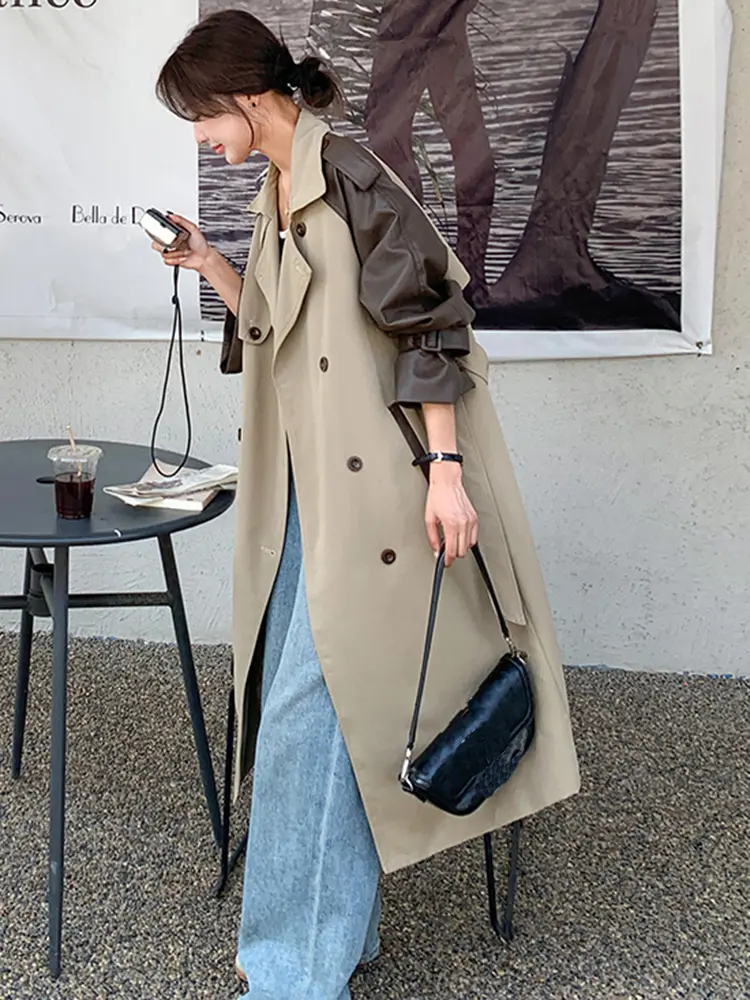 LANMREM Vintage Long Trench Coat Women Lapel Leather Spliced Sleeves Belt Double Breasted Windbreaker 2025 Spring New 2AA2586