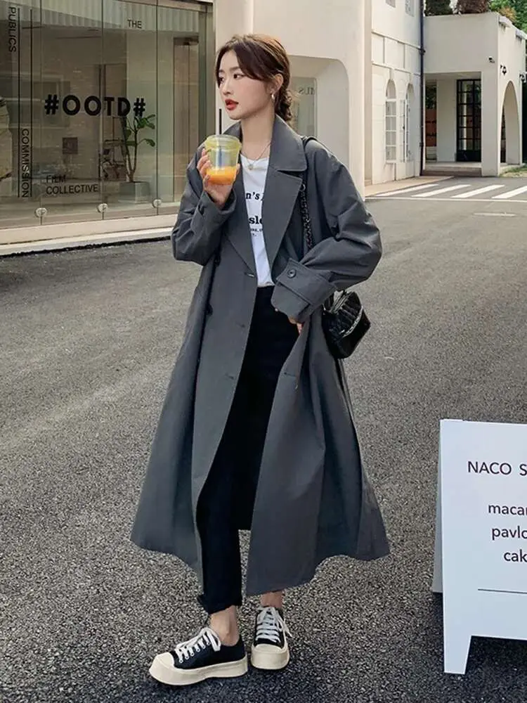 LANMREM Korean Long Windbreaker For Women Gray Color Loose Big Size Belt Fashion Jacket Coats Female Streetwear Clothing 2DB1331