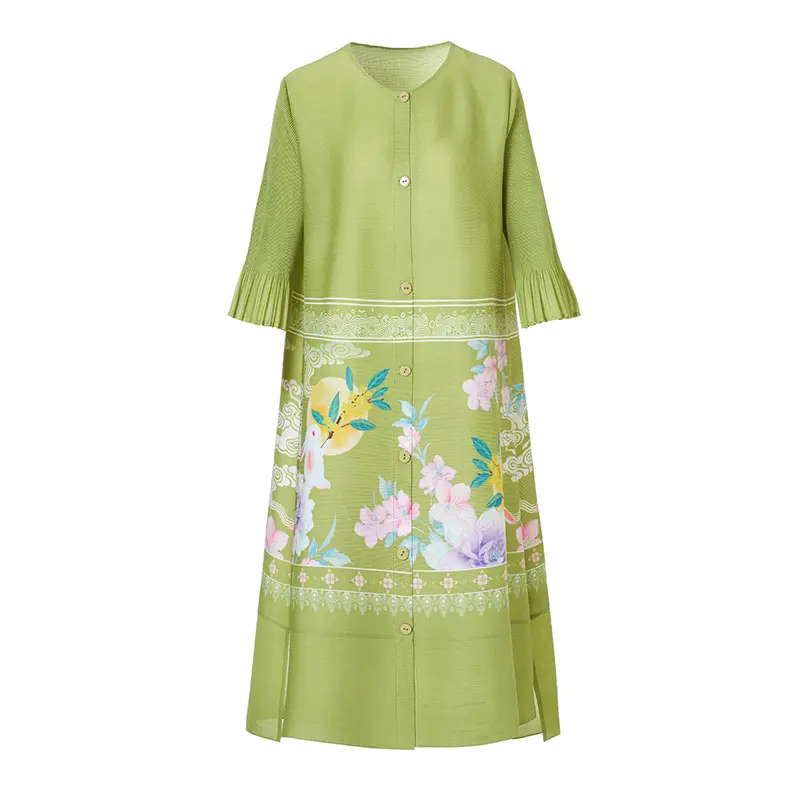 LANMREM Green Elegant Elastic Loose Pleated Women's Dress Chic Print Single Breasted Round Collar Flare Sleeve Dresses 2DB3724