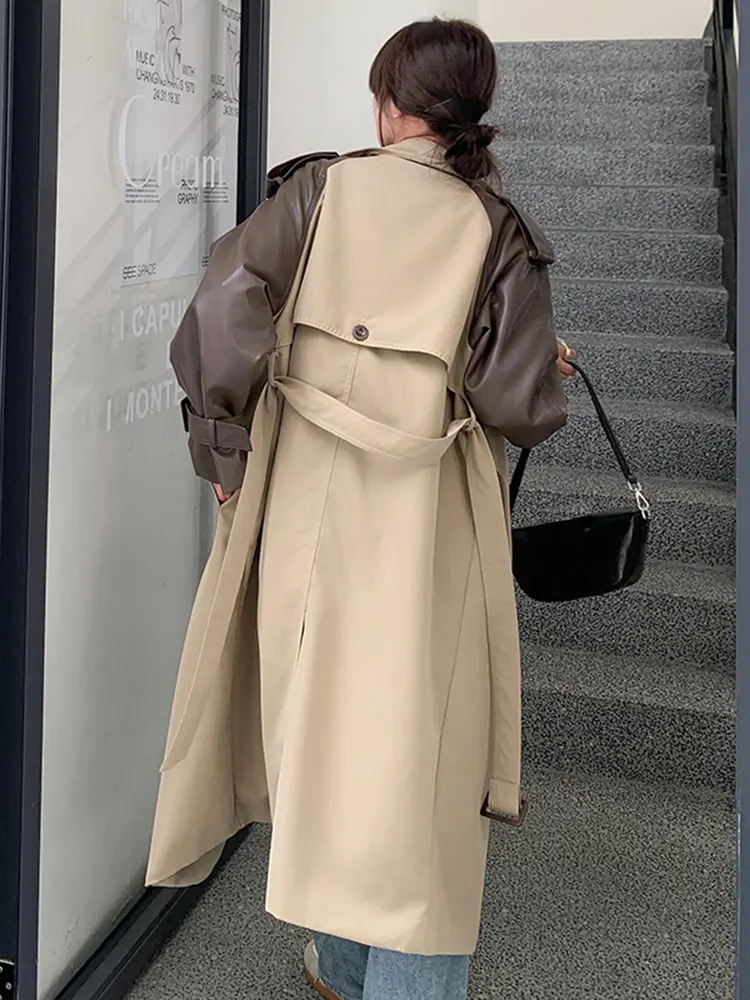 LANMREM Vintage Long Trench Coat Women Lapel Leather Spliced Sleeves Belt Double Breasted Windbreaker 2025 Spring New 2AA2586
