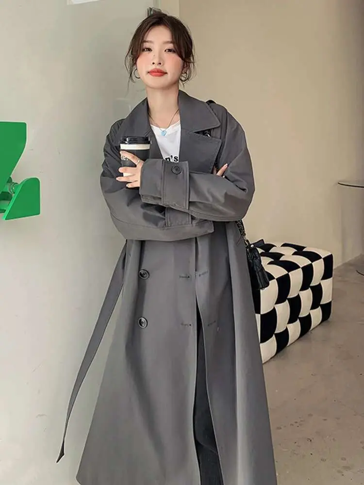 LANMREM Korean Long Windbreaker For Women Gray Color Loose Big Size Belt Fashion Jacket Coats Female Streetwear Clothing 2DB1331