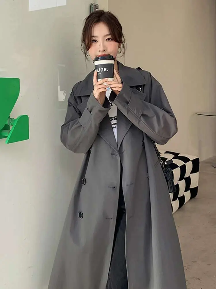 LANMREM Korean Long Windbreaker For Women Gray Color Loose Big Size Belt Fashion Jacket Coats Female Streetwear Clothing 2DB1331