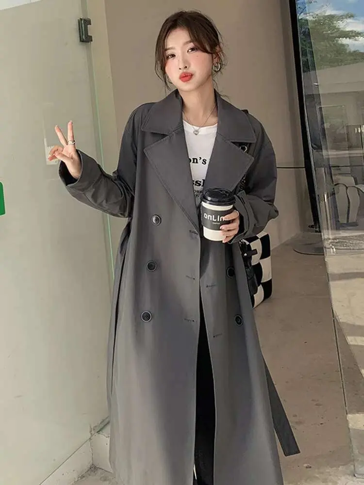 LANMREM Korean Long Windbreaker For Women Gray Color Loose Big Size Belt Fashion Jacket Coats Female Streetwear Clothing 2DB1331