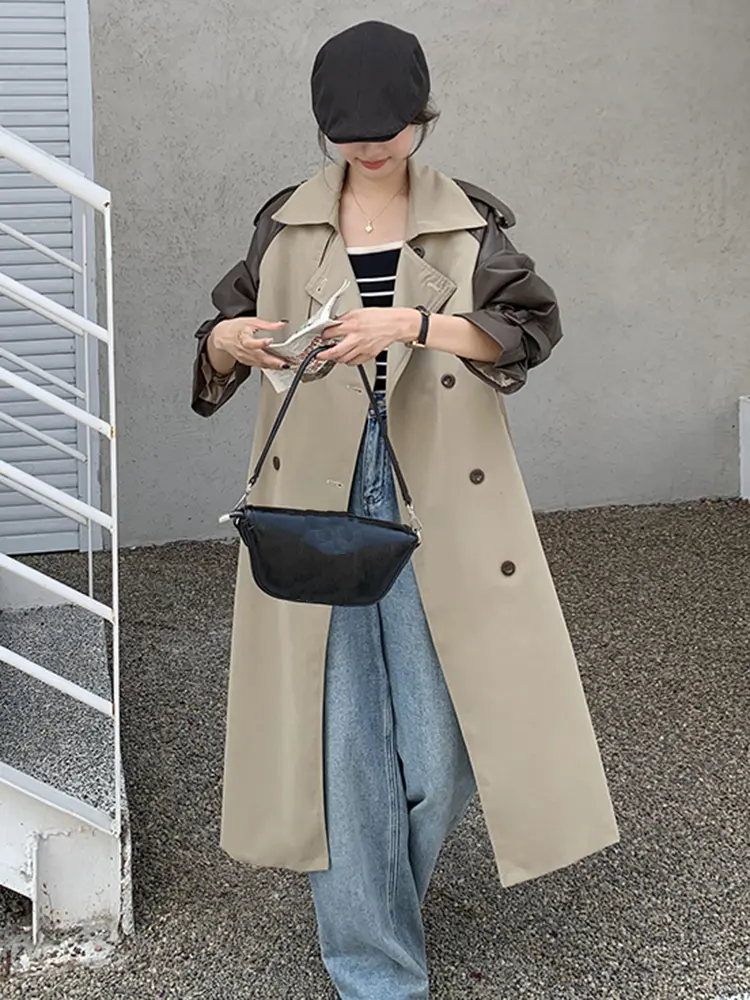 LANMREM Vintage Long Trench Coat Women Lapel Leather Spliced Sleeves Belt Double Breasted Windbreaker 2025 Spring New 2AA2586