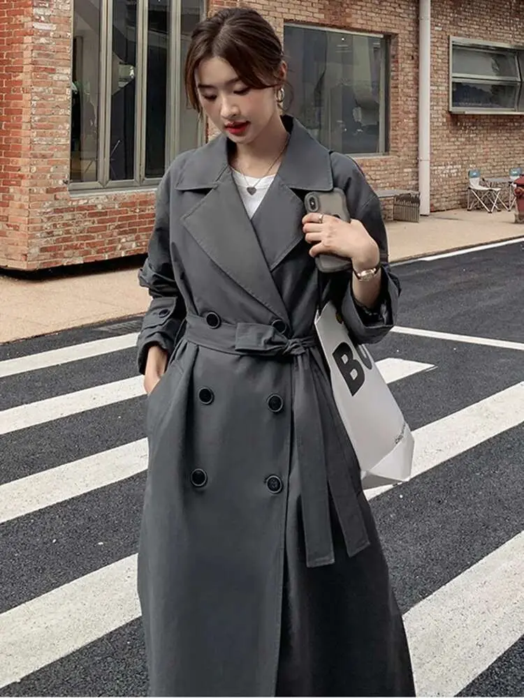 LANMREM Korean Long Windbreaker For Women Gray Color Loose Big Size Belt Fashion Jacket Coats Female Streetwear Clothing 2DB1331