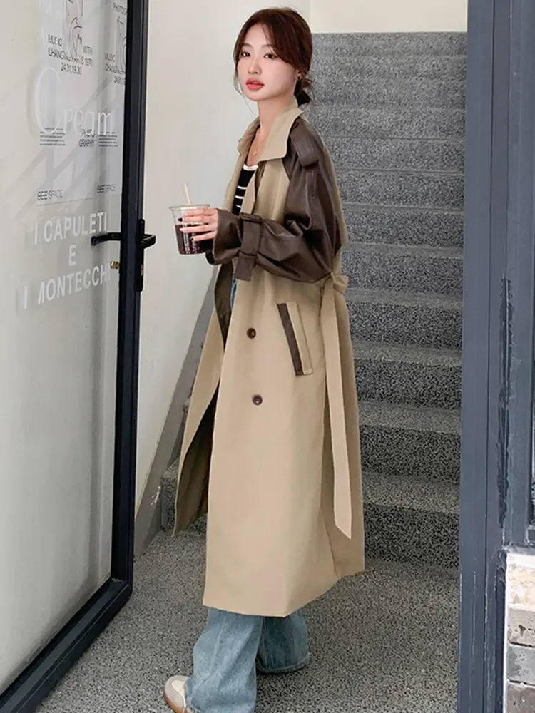 LANMREM Vintage Long Trench Coat Women Lapel Leather Spliced Sleeves Belt Double Breasted Windbreaker 2025 Spring New 2AA2586