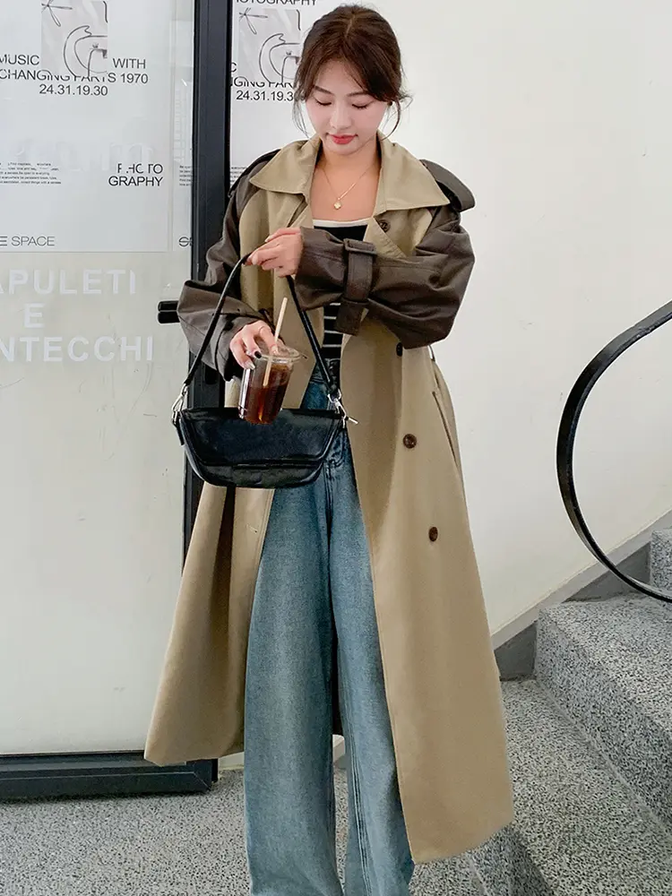 LANMREM Vintage Long Trench Coat Women Lapel Leather Spliced Sleeves Belt Double Breasted Windbreaker 2025 Spring New 2AA2586