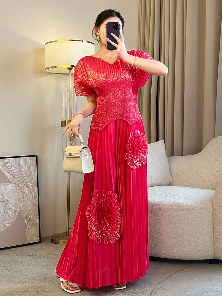 LANMREM Elegant Patchwork Flower Pleated Sets Women's V-neck Short Sleeve Tops Loose Skirt Two-piece Set Summer 2025 New 2DE450
