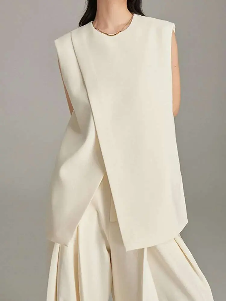 LANMREM Three-dimensional Cutting 2 Pieces Sets Women's Irregular Silhouette Hanging Double Pleats Vest + Wide Leg Pants 2DB2462