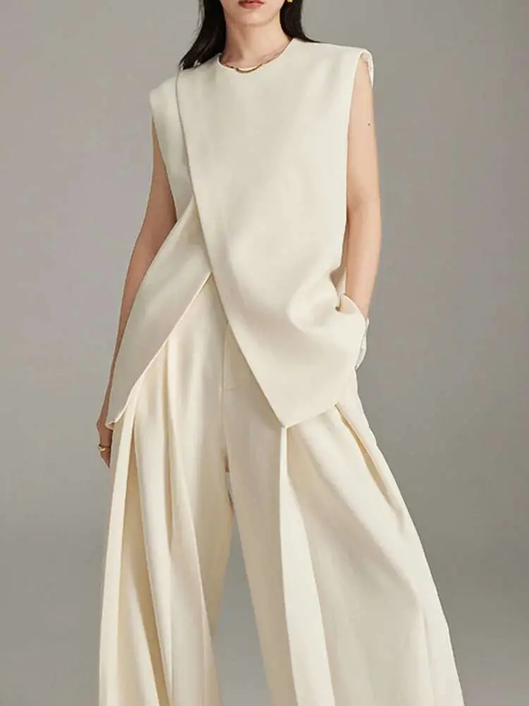 LANMREM Three-dimensional Cutting 2 Pieces Sets Women's Irregular Silhouette Hanging Double Pleats Vest + Wide Leg Pants 2DB2462
