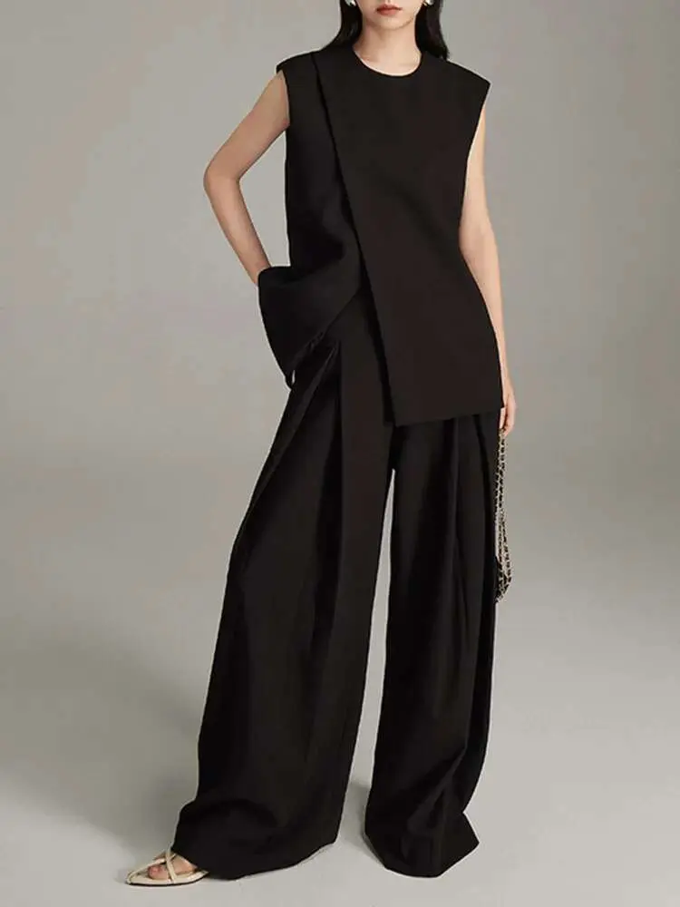 LANMREM Three-dimensional Cutting 2 Pieces Sets Women's Irregular Silhouette Hanging Double Pleats Vest + Wide Leg Pants 2DB2462