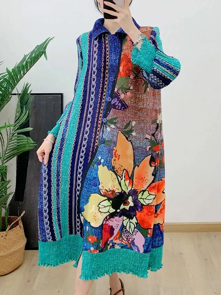 LANMREM Printed Dress Women's Long Sleeves Single Breasted Flower Pleated Dresses Fashion Clothing 2024 Spring New 2DA4117
