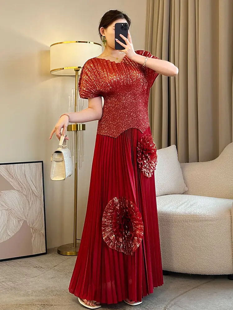 LANMREM Elegant Patchwork Flower Pleated Sets Women's V-neck Short Sleeve Tops Loose Skirt Two-piece Set Summer 2025 New 2DE450