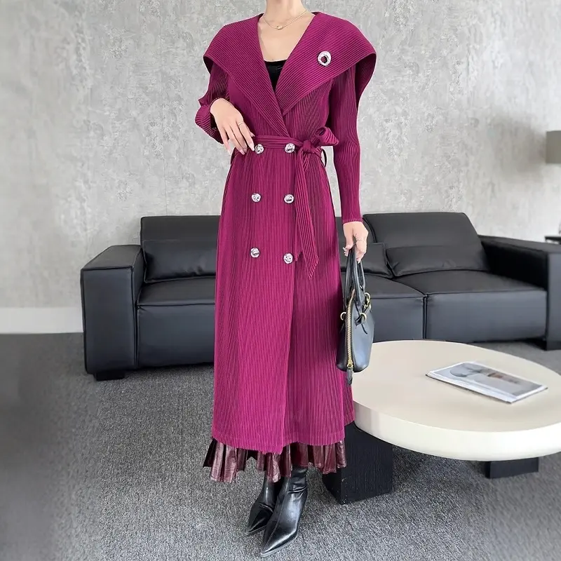 LANMREM Chic New Casual Double Breasted Pleated Lightweight Women's Trench Coat Fashion Lace-Up Waist Slimming Long Coat 2DB4107