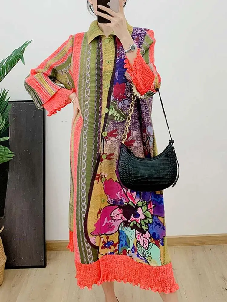 LANMREM Printed Dress Women's Long Sleeves Single Breasted Flower Pleated Dresses Fashion Clothing 2024 Spring New 2DA4117