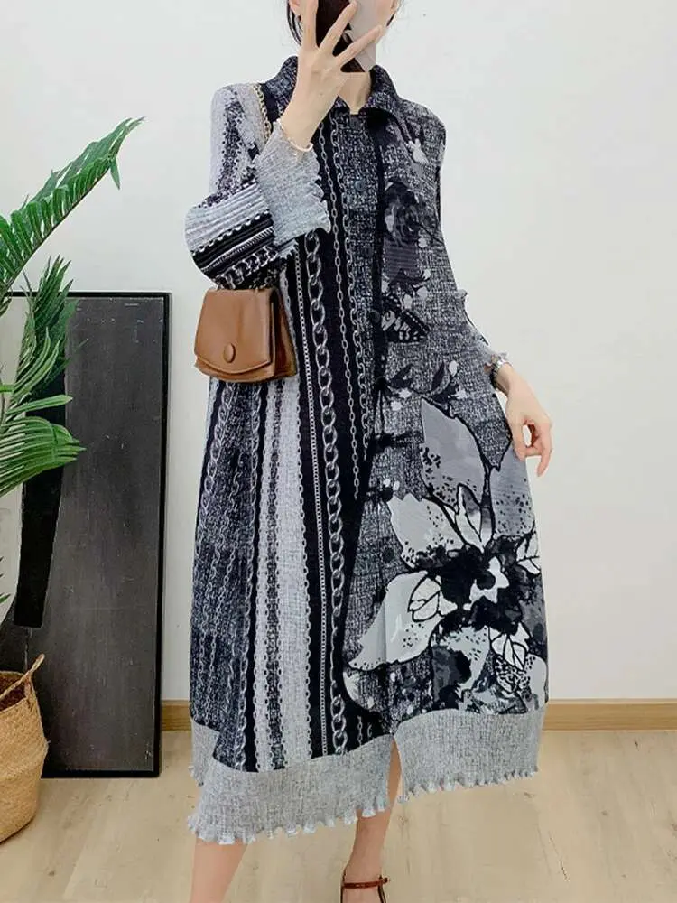 LANMREM Printed Dress Women's Long Sleeves Single Breasted Flower Pleated Dresses Fashion Clothing 2024 Spring New 2DA4117