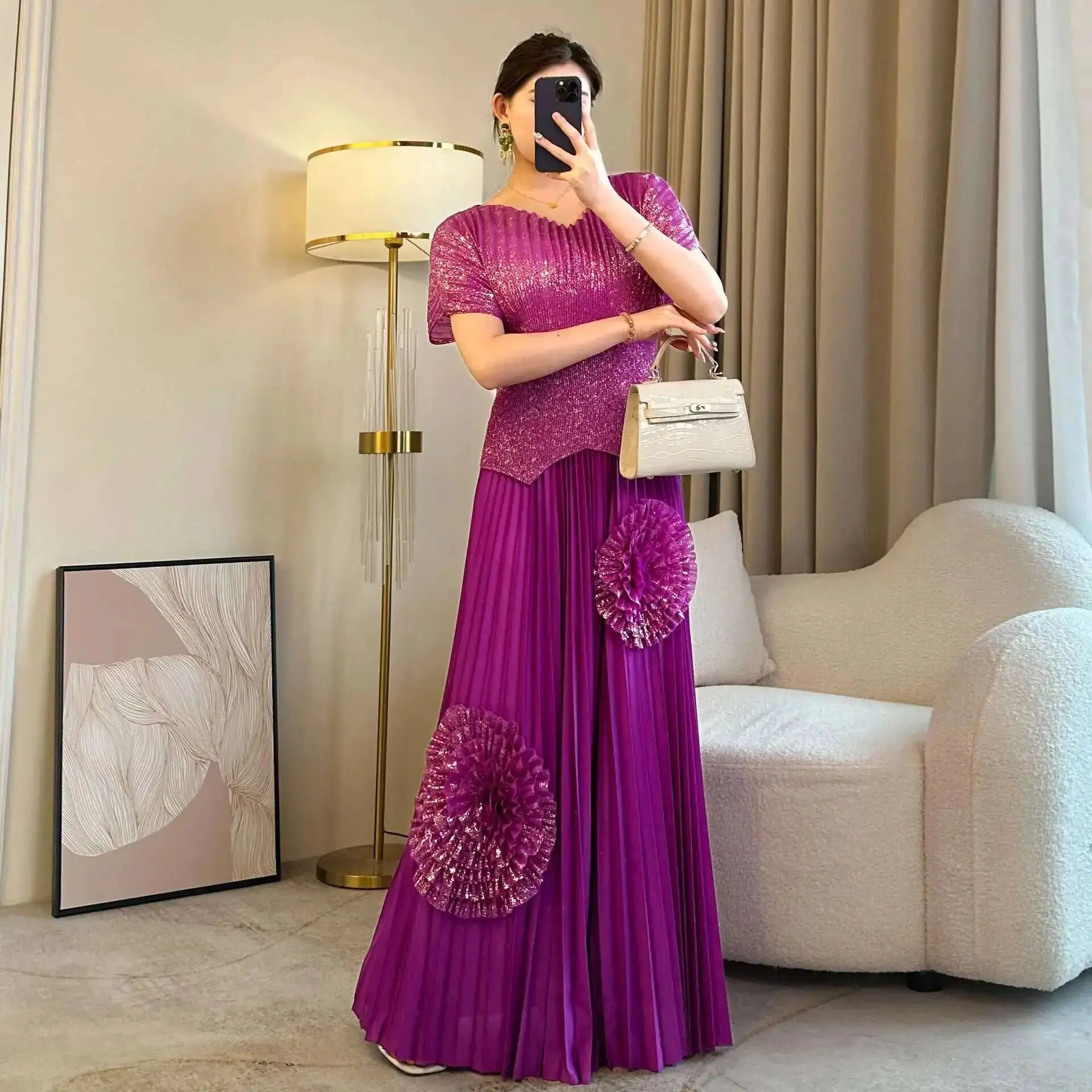 LANMREM Elegant Patchwork Flower Pleated Sets Women's V-neck Short Sleeve Tops Loose Skirt Two-piece Set Summer 2025 New 2DE450