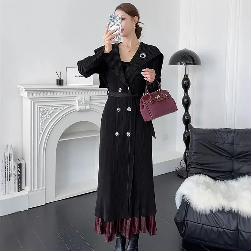 LANMREM Chic New Casual Double Breasted Pleated Lightweight Women's Trench Coat Fashion Lace-Up Waist Slimming Long Coat 2DB4107