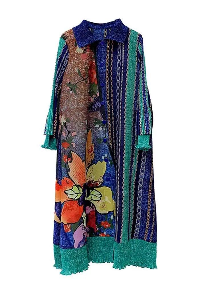 LANMREM Printed Dress Women's Long Sleeves Single Breasted Flower Pleated Dresses Fashion Clothing 2024 Spring New 2DA4117